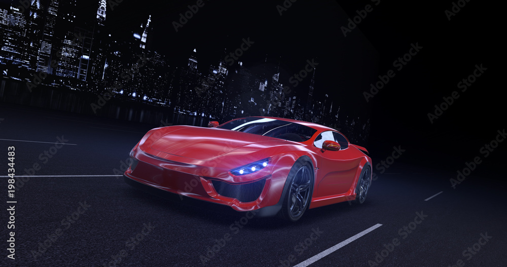Red sports car moving on highway in the city at night with headlights ...