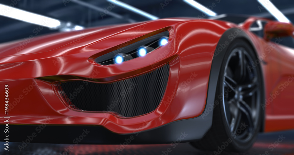Generic luxury red sports car 3d renders. Close-up camera shots with depth of field.