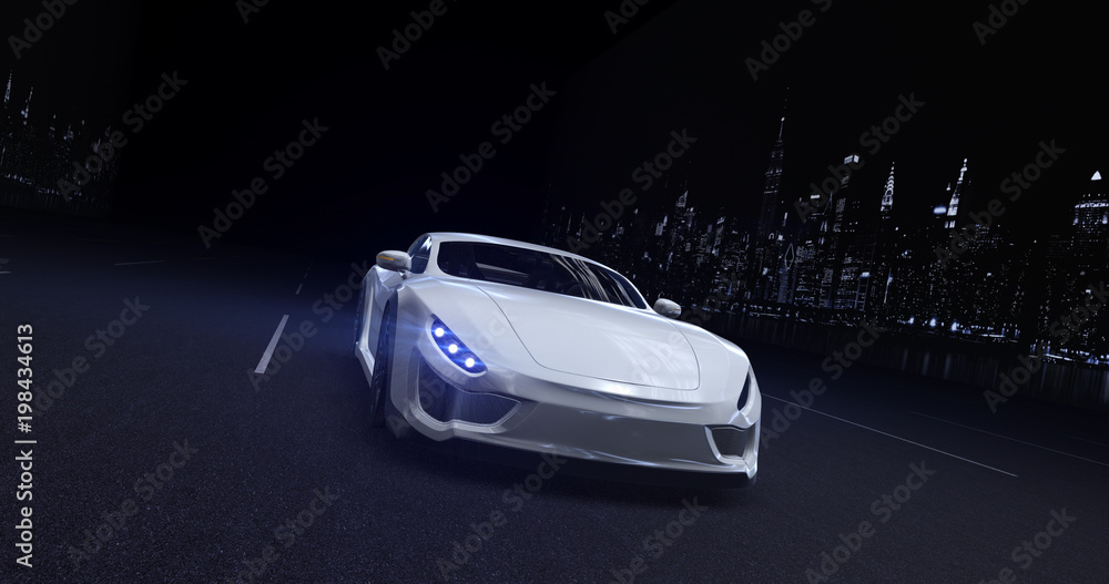 White sports car moving on highway in the city at night with headlights on