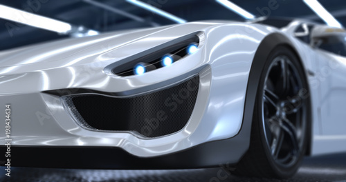 Generic luxury white sports car 3d renders. Close-up camera shots with depth of field.