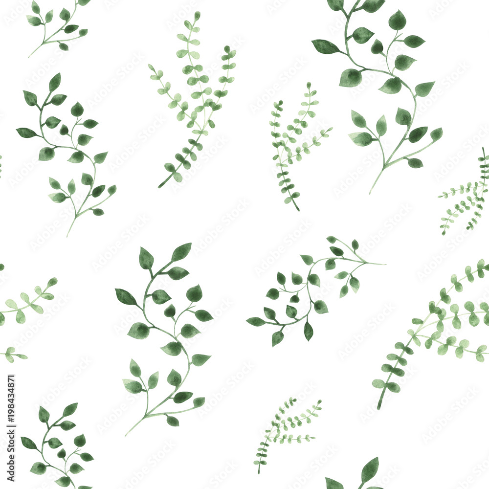 Fototapeta premium Watercolor illustration green leaves on isolated background. Seamless pattern.