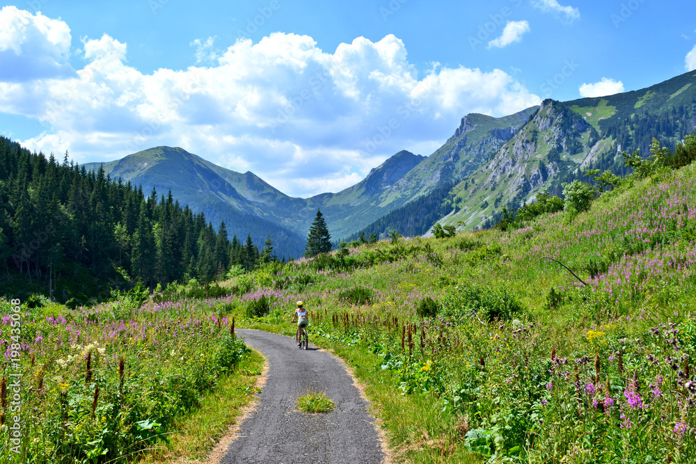 Woman is traveling with a bicycle in the summer mountains