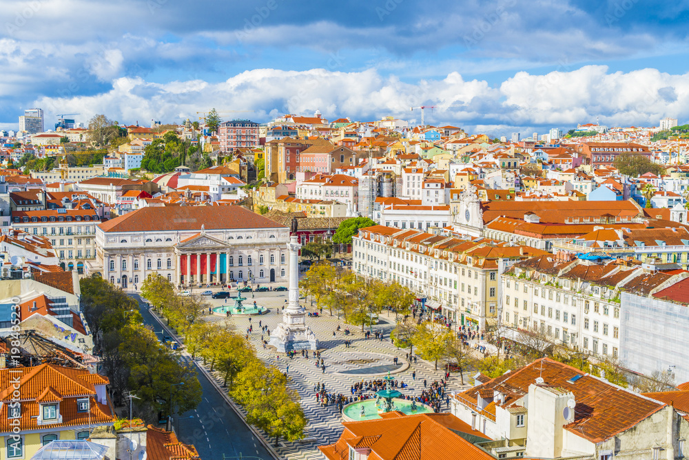 View of  Rossio Square from Santa Justa Lift viewpoint, Lisbon, Portugal.