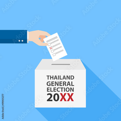Thai General Election 2018, Hand Putting Voting Paper in the Ballot Box, object flat style on blue background, cartoon vector Illustration.