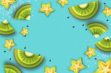 Slice of kiwi and carambola. Top view. Kiwi and Starfruit Super Summer in paper cut style. Origami juicy ripe green yellow slices. Healthy food on blue. Summertime.
