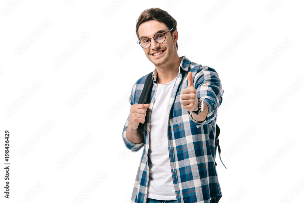 handsome student showing thump up isolated on white handsome student showing thump up isolated on white