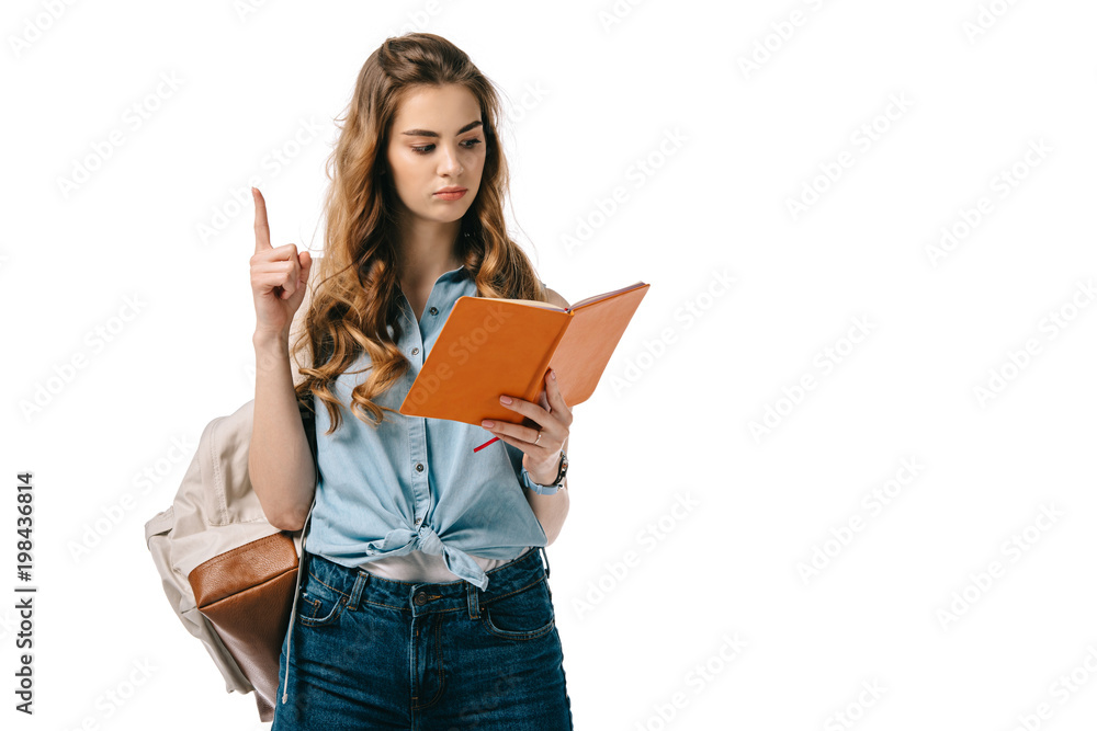 beautiful student showing idea gesture and reading book isolated on white beautiful student showing idea gesture and reading book isolated on white