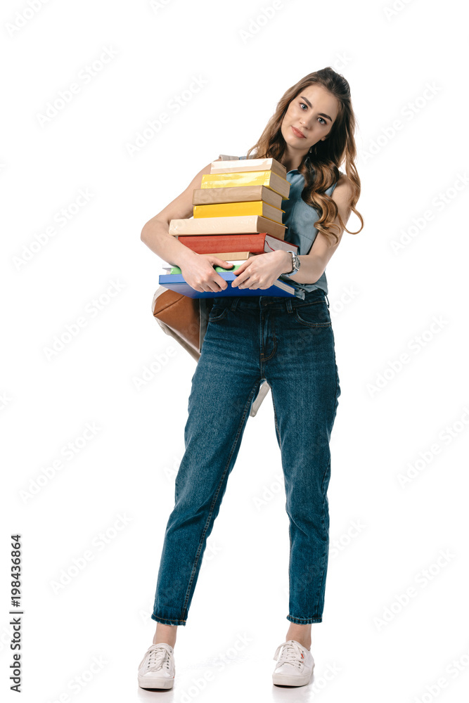 beautiful student holding stack of books isolated on white beautiful student holding stack of books isolated on white