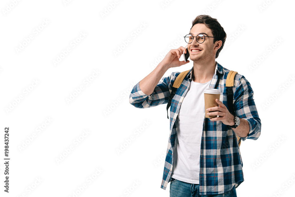 smiling handsome student talking by smartphone isolated on white smiling handsome student talking by smartphone isolated on white