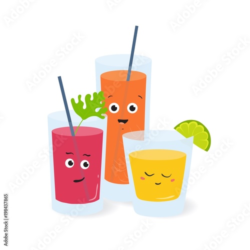 Soft drinks in glasses with cute funny faces. Fruit and vegetable juices, refreshing cocktails, healthy beverages, smoothies or lemonades. Bright colored vector illustration in flat cartoon style.