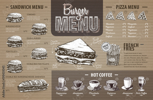Vintage  burger menu design on cardboard. Fast food menu