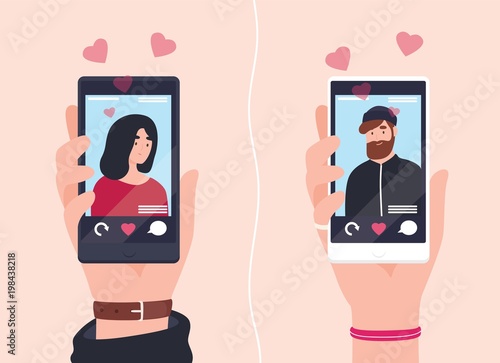 Male and female hands holding smartphones with portraits of man and woman on screens. Social mobile application for dating, searching for romantic partner. Flat cartoon colorful vector illustration.