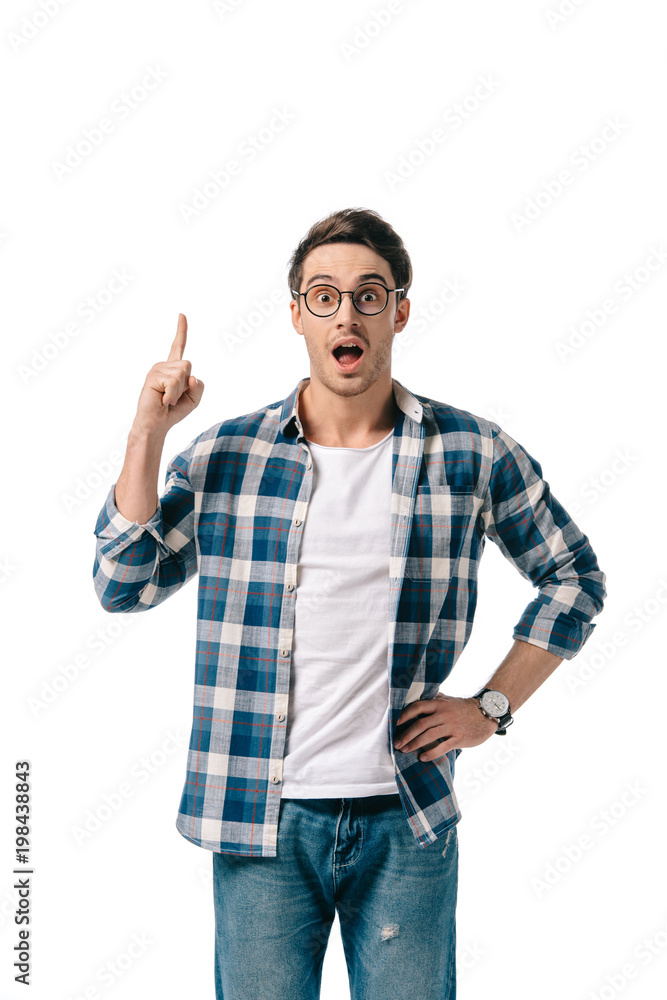 surprised handsome man pointing on something isolated on white surprised handsome man pointing on something isolated on white