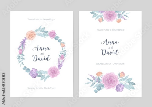 Bundle of elegant wedding invitation templates decorated with wreath and bouq...