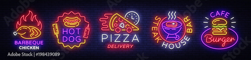 Big collection neon signs on theme food. Vector. Set bright food emblems, Neon food symbols, design template, Barbeque chicken, Hot Dog, Pizza Delivery, Steak House Bar, Burger Cafe