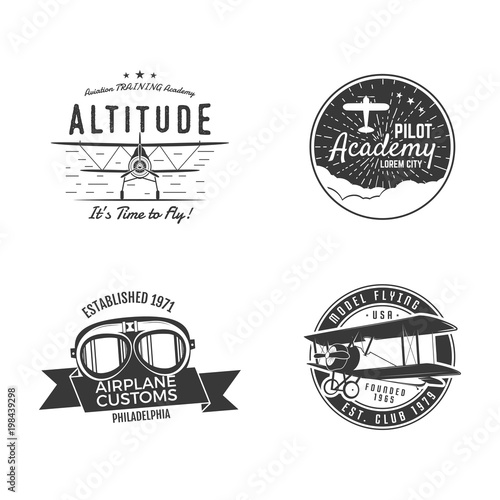 Vintage hand drawn old fly stamps. Travel or business airplane tour emblems. Airplane logo designs. Retro aerial badge. Pilot school logos. Plane tee design, prints. Stock vector stamps isolated
