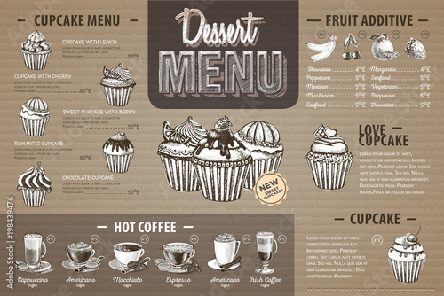 Vintage dessert menu design on cardboard. Fast food menu