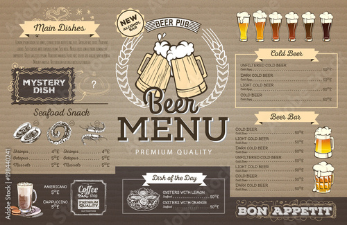 Vintage beer menu design on cardboard. Restaurant menu
