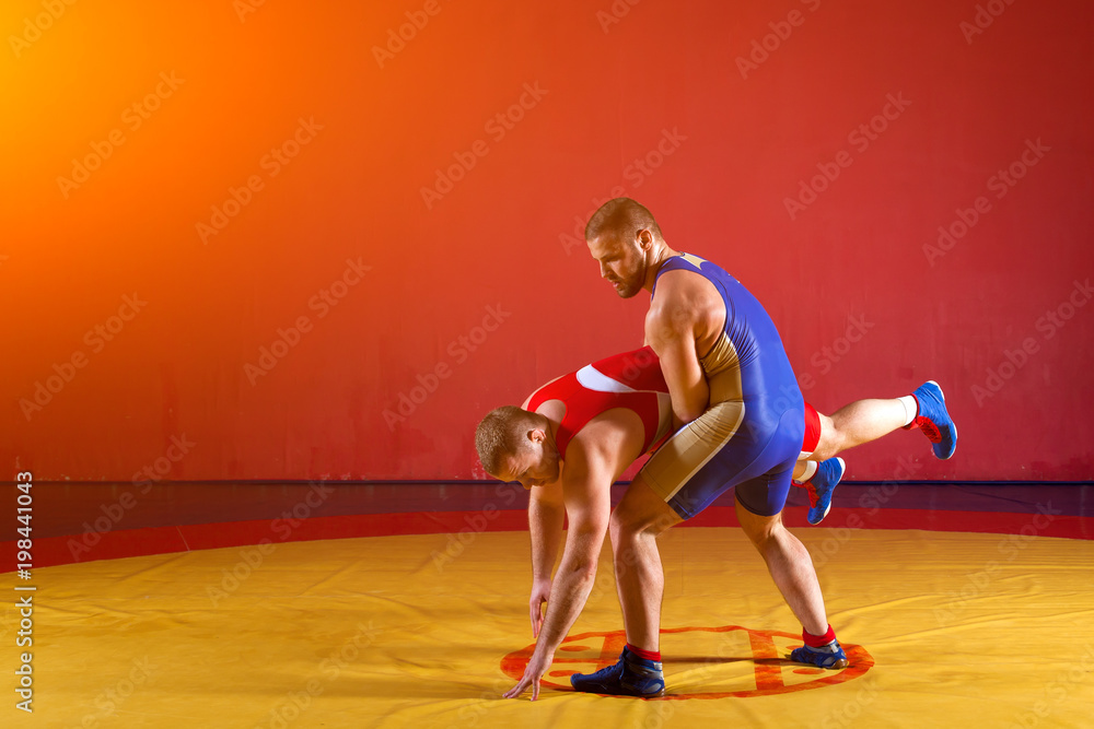 Fototapeta premium Two strong wrestlers in blue and red wrestling tights are wrestlng and making a making a hip throw on a yellow wrestling carpet in the gym. Young man doing grapple.