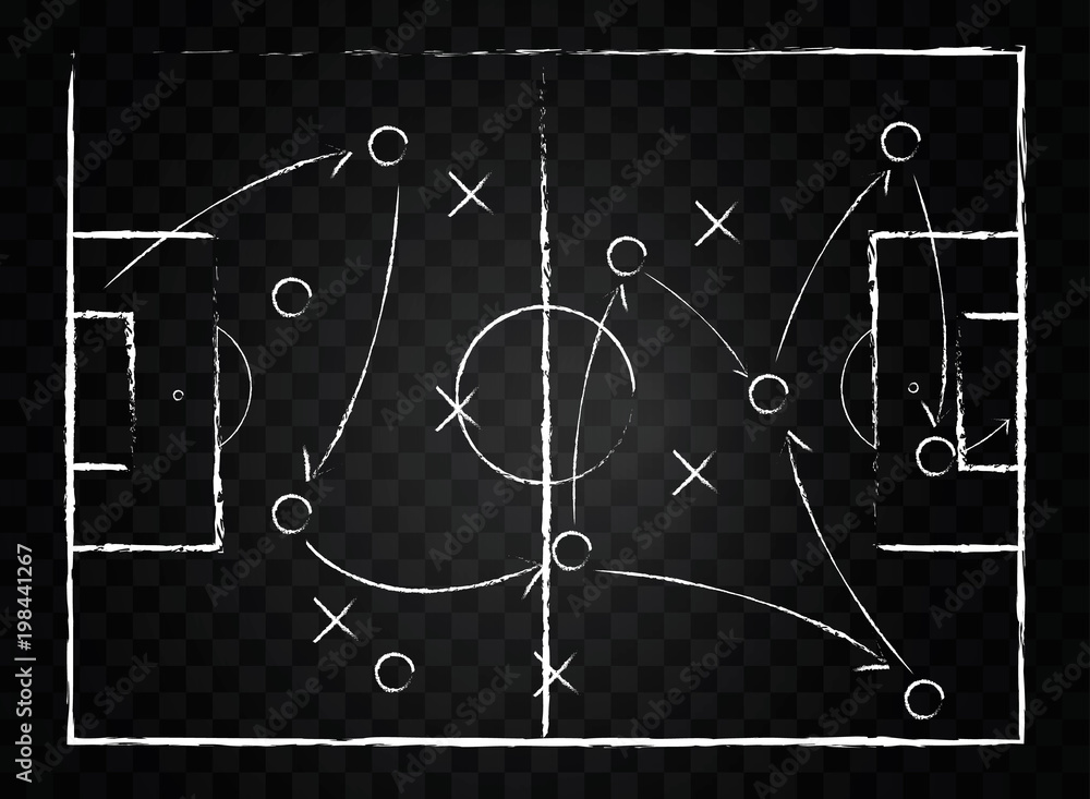 Fototapeta premium Soccer game tactical scheme. The scheme of the game. Strategy. Tactics. On the chalkboard. For your design. Vector chalk graphic on black board