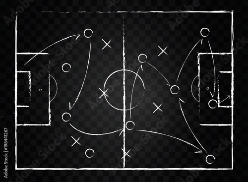 Soccer game tactical scheme. The scheme of the game. Strategy. Tactics. On the chalkboard. For your design. Vector chalk graphic on black board