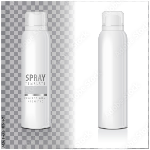 Set of blank deodorant spray for women or men. Vector mock up template of white metal bottle with transparent cap