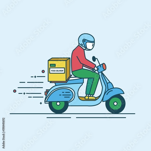 Man in helmet riding scooter with carton box with products from grocery store, shop or supermarket