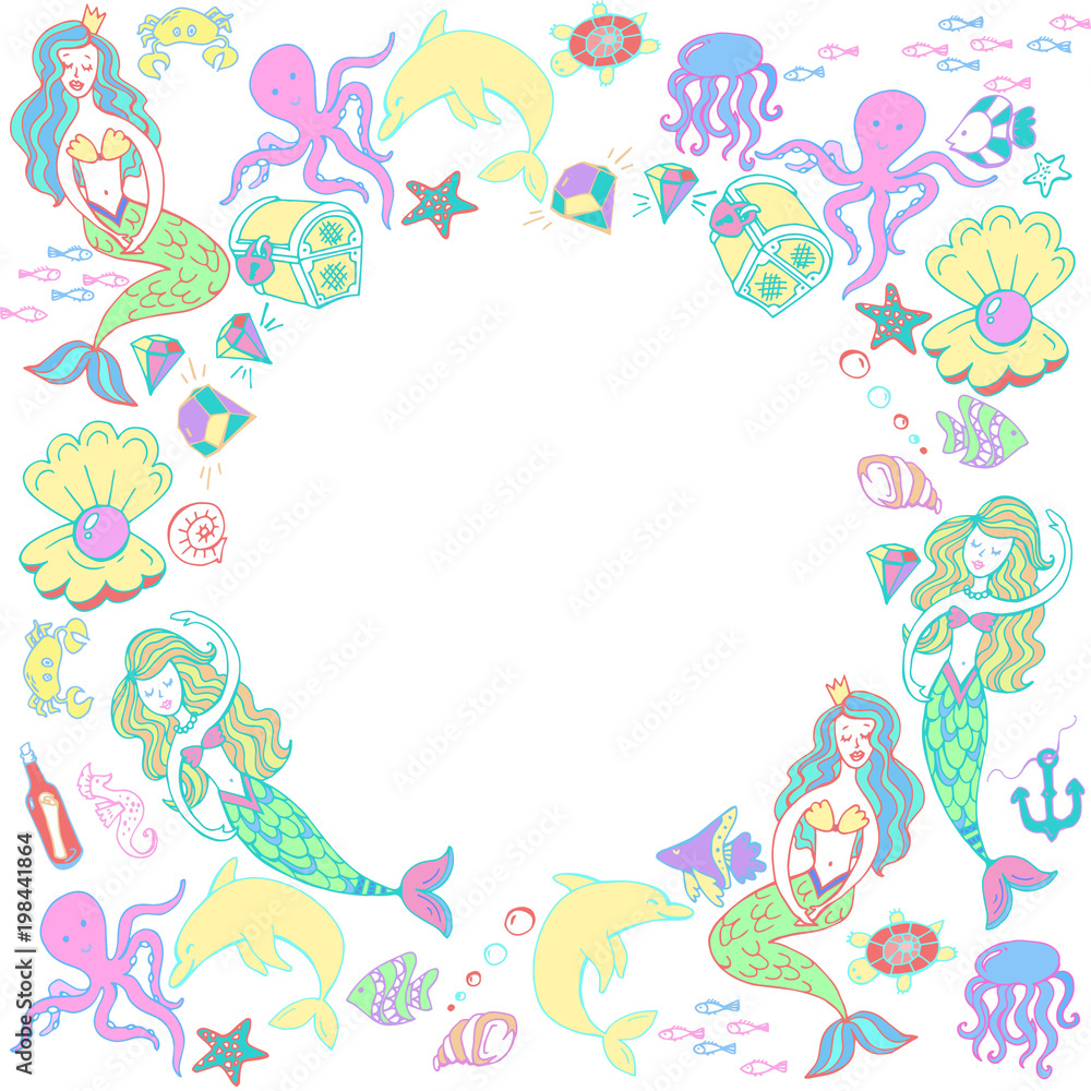 Мифические существа русалочки и подводный мир, рыбы, осьминоги, медузы, ракушки, сундук с сокровищами, якорь, жемчужины, дельфины, морские звезды, черепахи