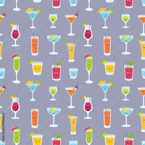 Seamless pattern with drinks in glasses with cute funny faces. Backdrop with ...