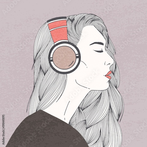 Profile portrait of gorgeous long-haired young woman with closed eyes wearing headphones. Beautiful girl or lady listening to music. Side view. Hand drawn vector illustration in realistic style.