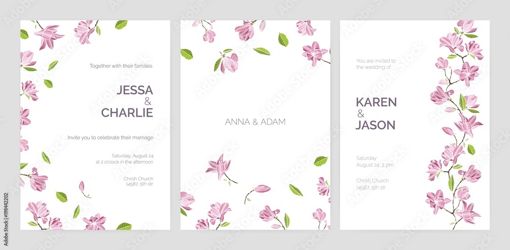 Set of beautiful wedding party invitation templates decorated with pink blooming magnolia flowers. Bundle of cards with floral decorative elements and place for text. Elegant vector illustration.