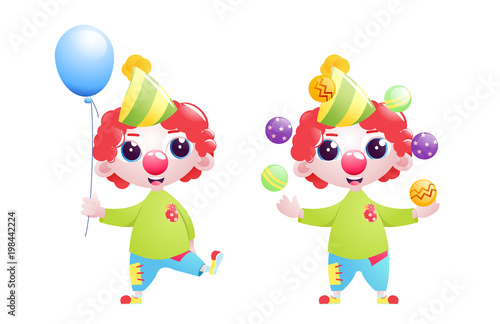 A little child clown character juggles and jokes and stands with a balloon at the bottom of the birthday 