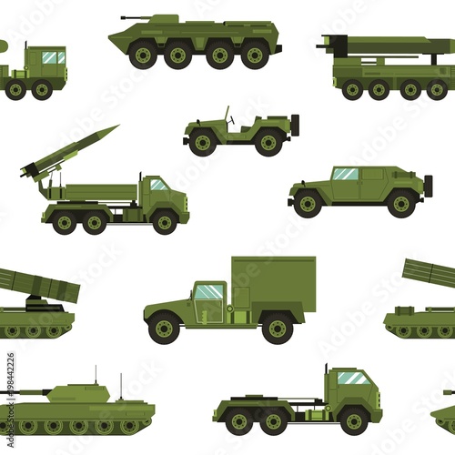 Seamless pattern with military transport on white background - tank, artillery tractor, rocket launching system