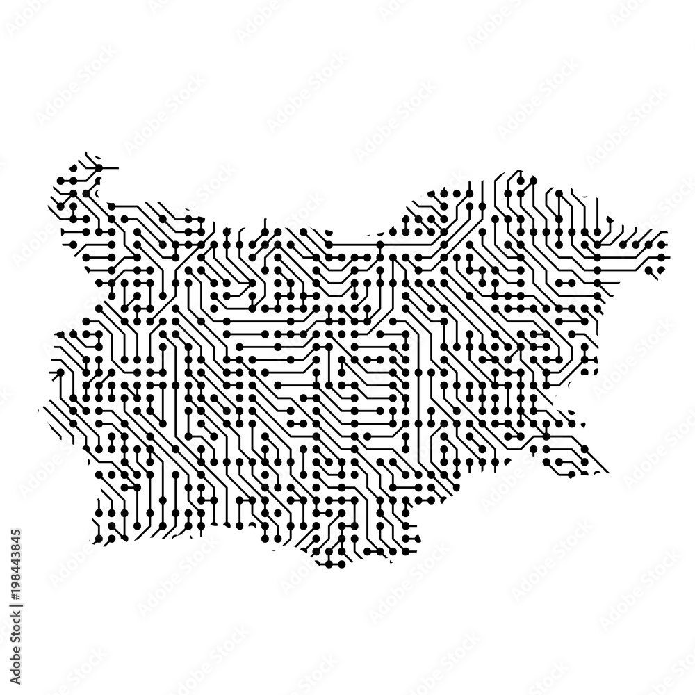 Abstract schematic map of Bulgaria from the black printed board, chip and radio component of vector illustration