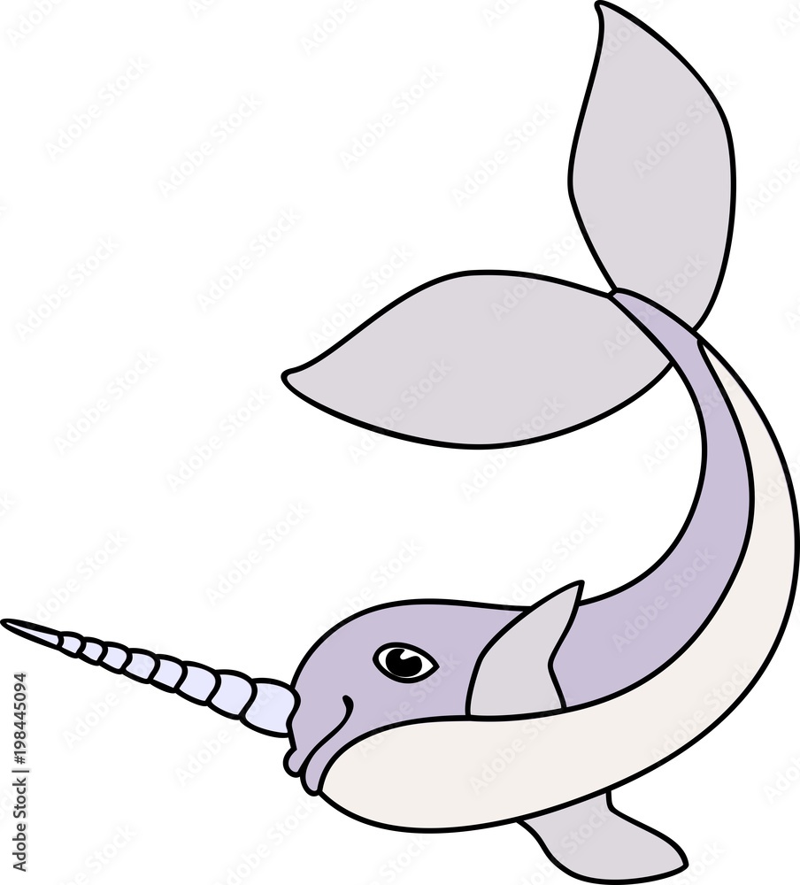 Fototapeta premium Lilac cartoon narwhal with horn on white background