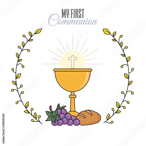 Card my first communion invitation. chalice with bread and grapes. vector isolated