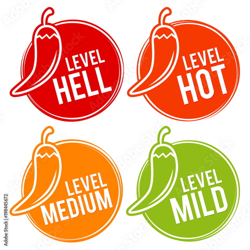 Chili peppers scale mild, medium, hot and hell icons. Eps10 Vector.