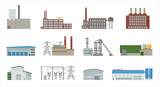 Factory building icon vector set in flat style. Power plant, manufacturing, industrial and warehouse buildings. Isolated from background.