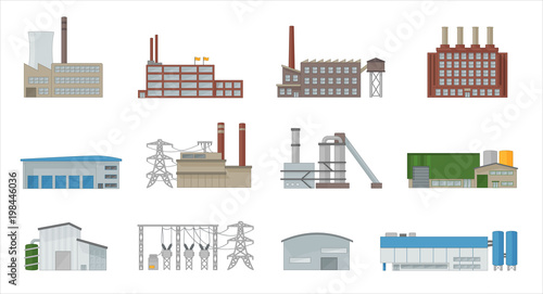 Factory building icon vector set in flat style. Power plant, manufacturing, industrial and warehouse buildings. Isolated from background. photo