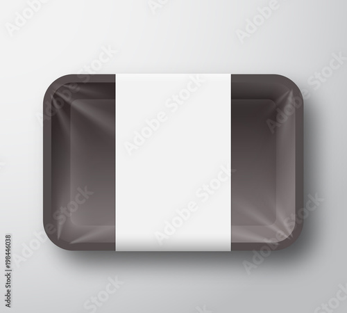 Black Plastic Food Tray Container with Transparent Cellophane Cover and Clear White Label Template. Realistic Packaging Mock Up.