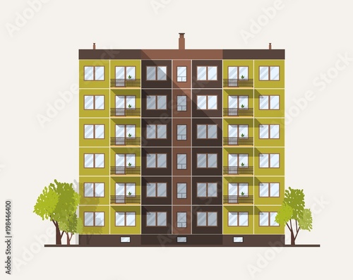 Tall multistory city panel building built in modern architectural style. Urban living house isolated on white background. Real estate architecture and construction. Flat colored vector illustration.