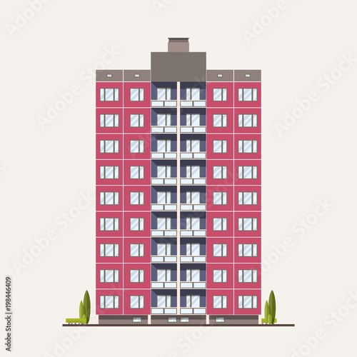 Modern pink prefabricated panel building built in Soviet architectural style. Exterior or facade of residential house with balconies isolated on white background. Flat colorful vector illustration.