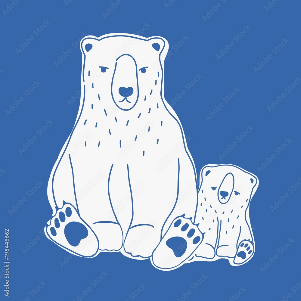 Angry mother and sad baby polar bears hand drawn with contour lines on blue  background. Pair