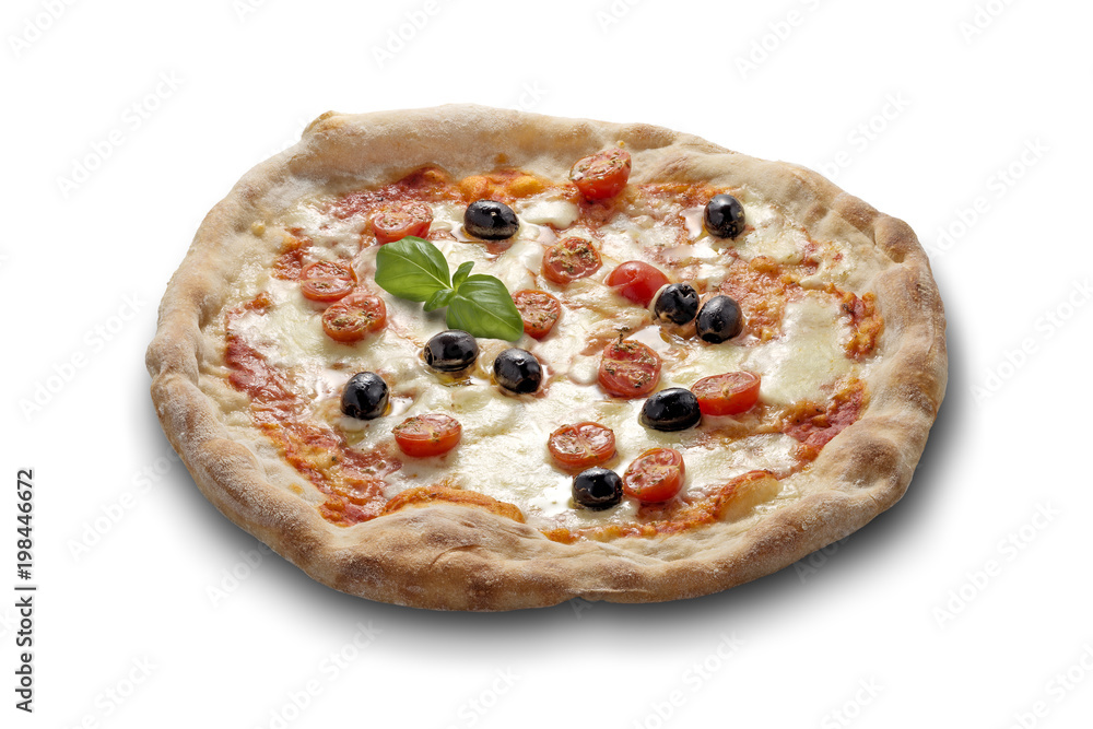 Pizza mozzarella tomatoes olives and basil
