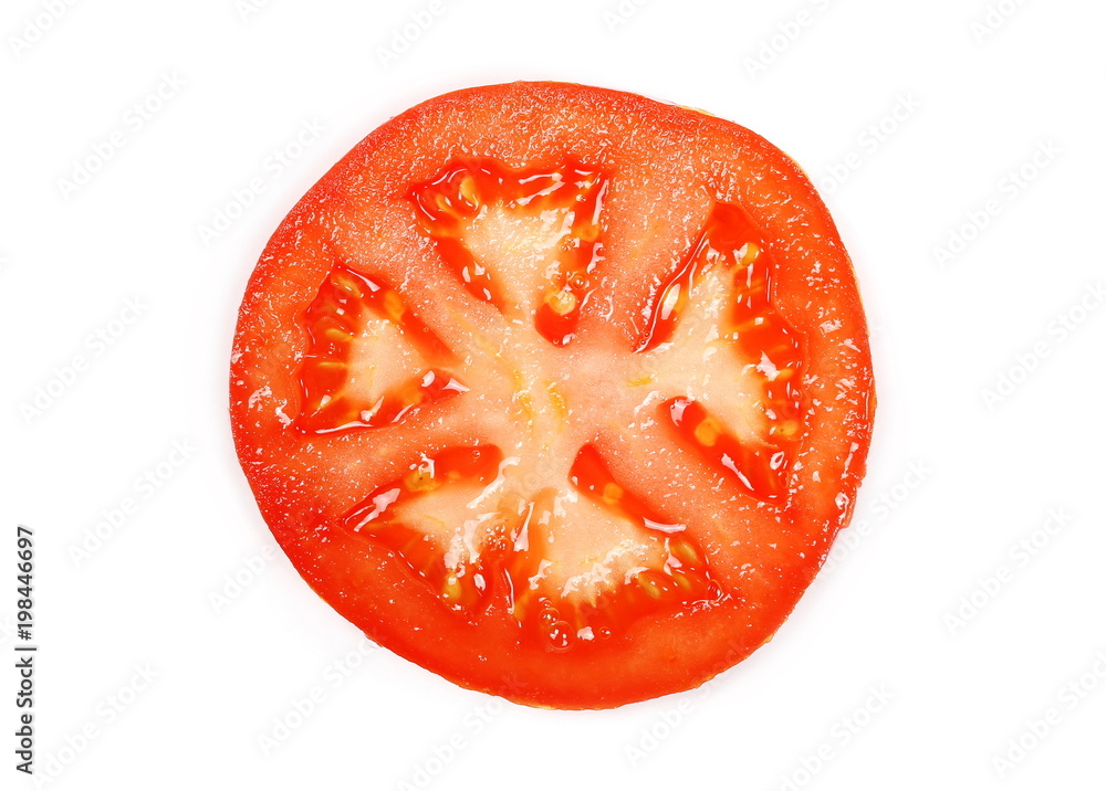 Fresh red tomato slice isolated on white background, top view