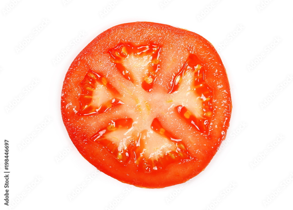 Fresh red tomato slice isolated on white background, top view Fresh red tomato slice isolated on white background, top view