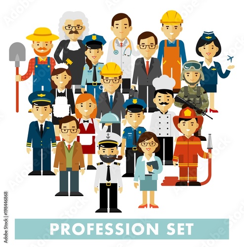 People occupation characters set in flat style isolated on white background. Different people professions characters standing together. Workers and staff.