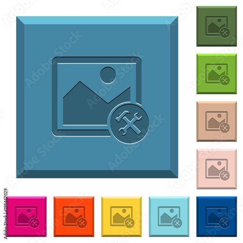 Image tools engraved icons on edged square buttons