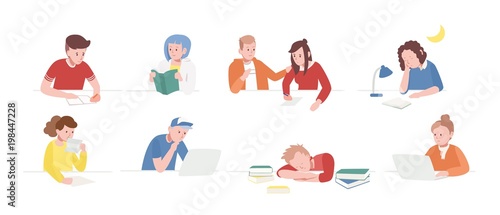 Collection of teenage boys and girls sitting at desks with laptops, reading b...