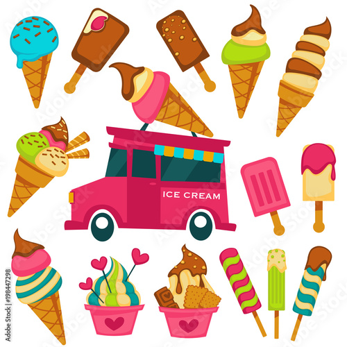 Ice cream cartoon bright flavors vector icons on gleato vendor van cart